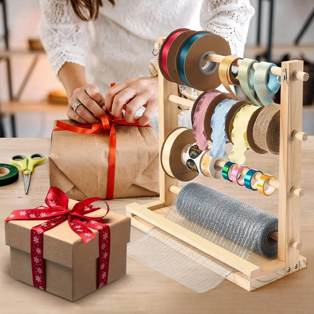 Y69A 4 Tiers Wooden Ribbon Rack Ribbon Spool Holder Storage Display Shelf Craft Ribbon Stand for Craft Room Ribbon Organizer