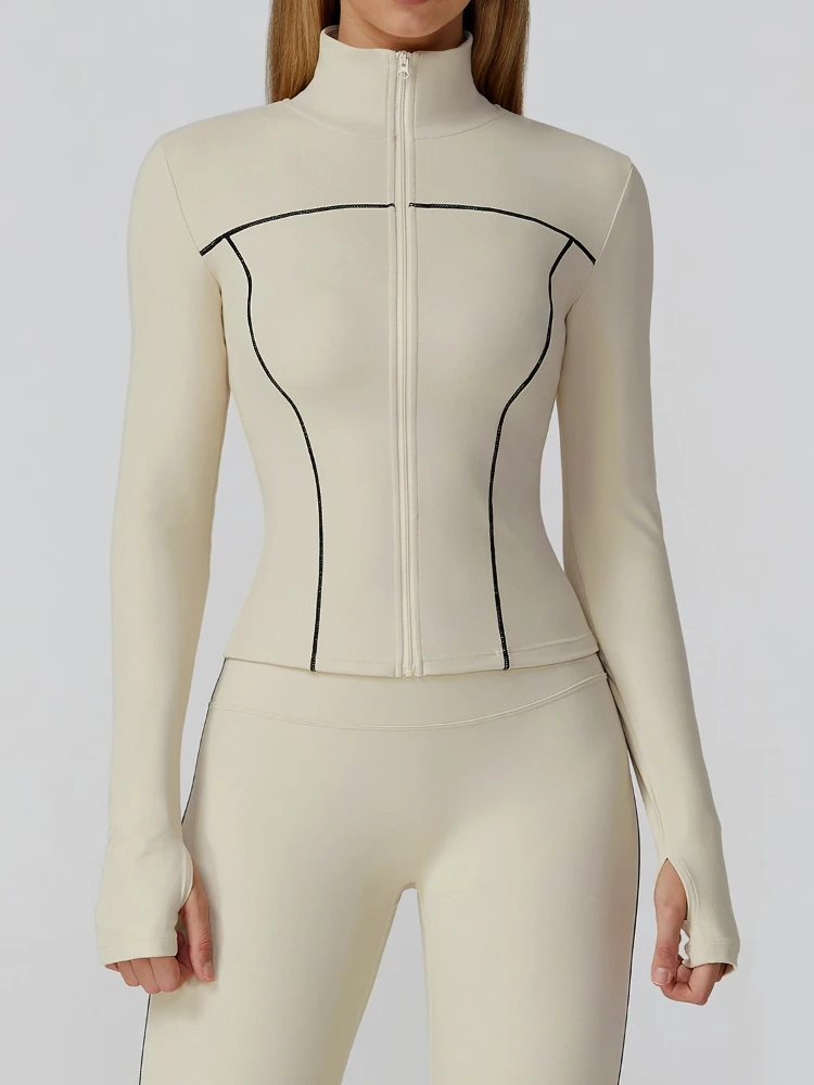 女性フリース裏地カラーブロックヨガジャケットジッパー防風ランニングアウトドアスポーツコートジムフィットネスワークアウトアクティブウェア