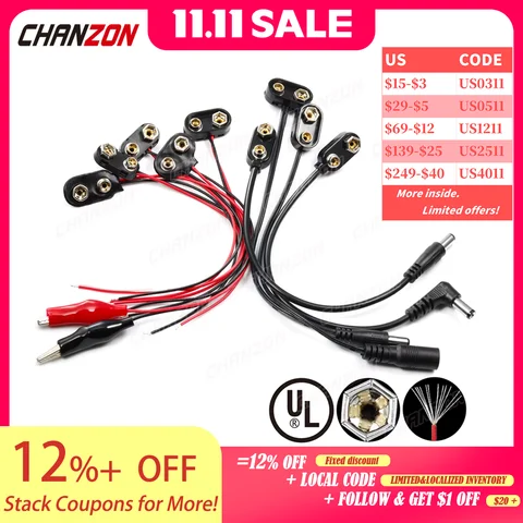 Connecteur de batterie 9V, Clips d'alimentation, prise cc mâle femelle, adaptateur Alligator, câble de support de fil, prise de plomb 9 volts, baril