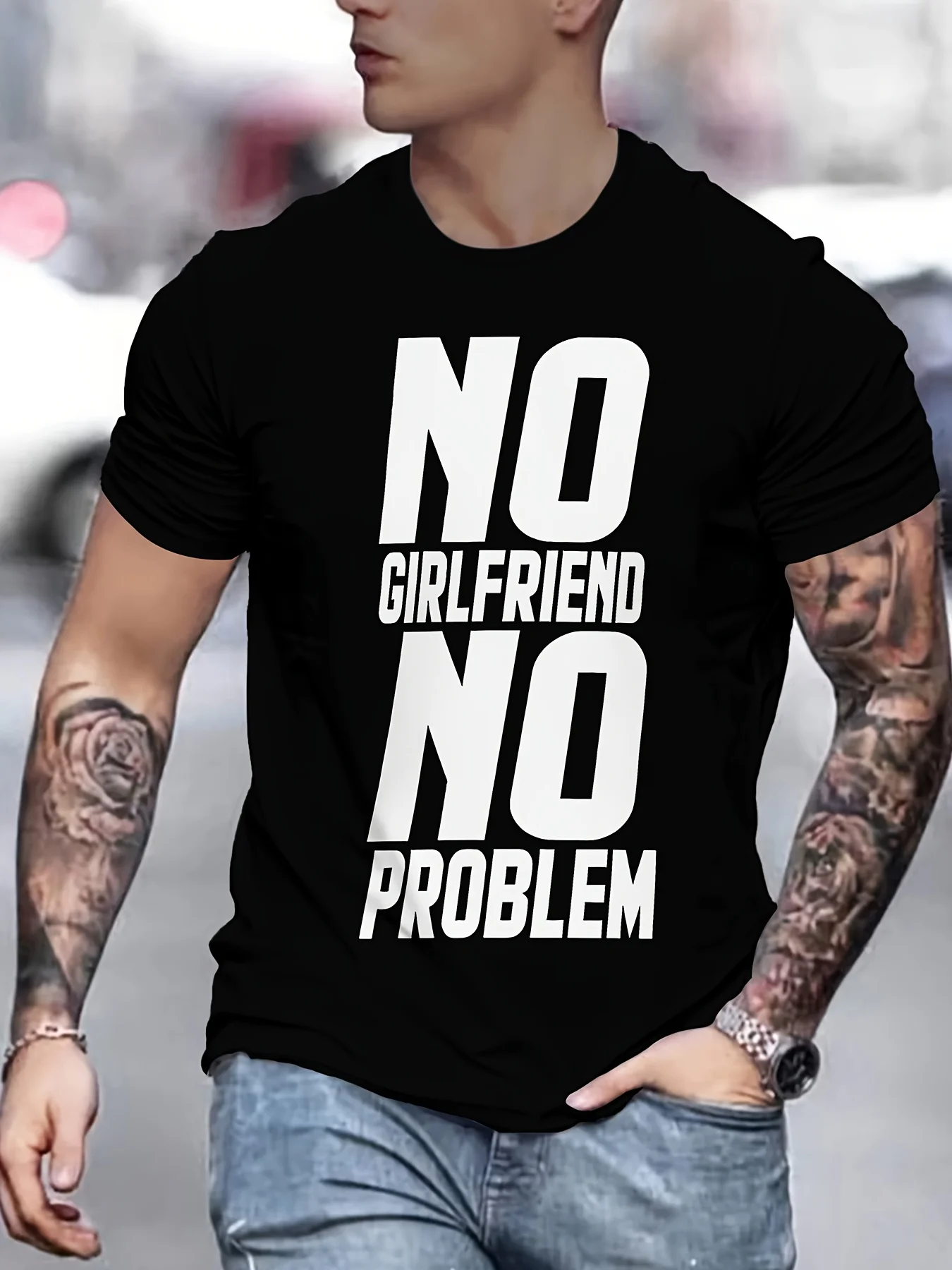 

Men's Casual Short Sleeve Graphic Tee - "No Girlfriend No Problem" Bold Letter Print Crew Neck Summer T-Shirt for Men Relaxed