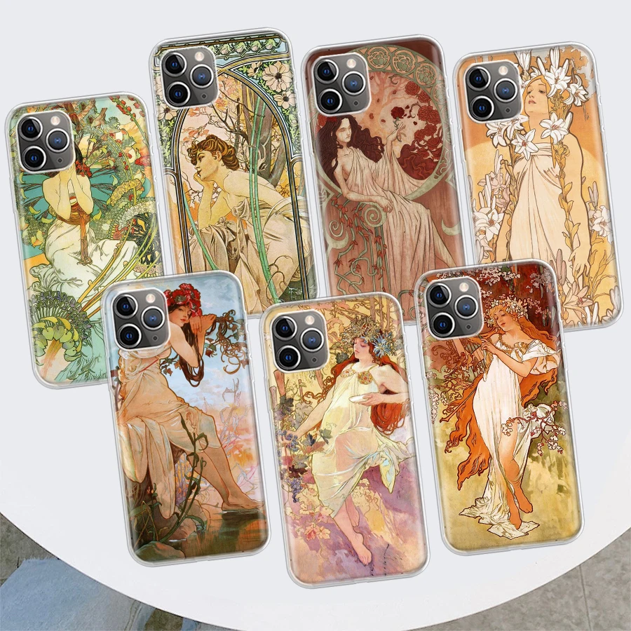 Alfons Mucha Primavera Phone Case For Apple iPhone 11 12 13 14 15 16 Pro Max 7 X XS 8 Plus + Mini SE Customized Print Soft Cover