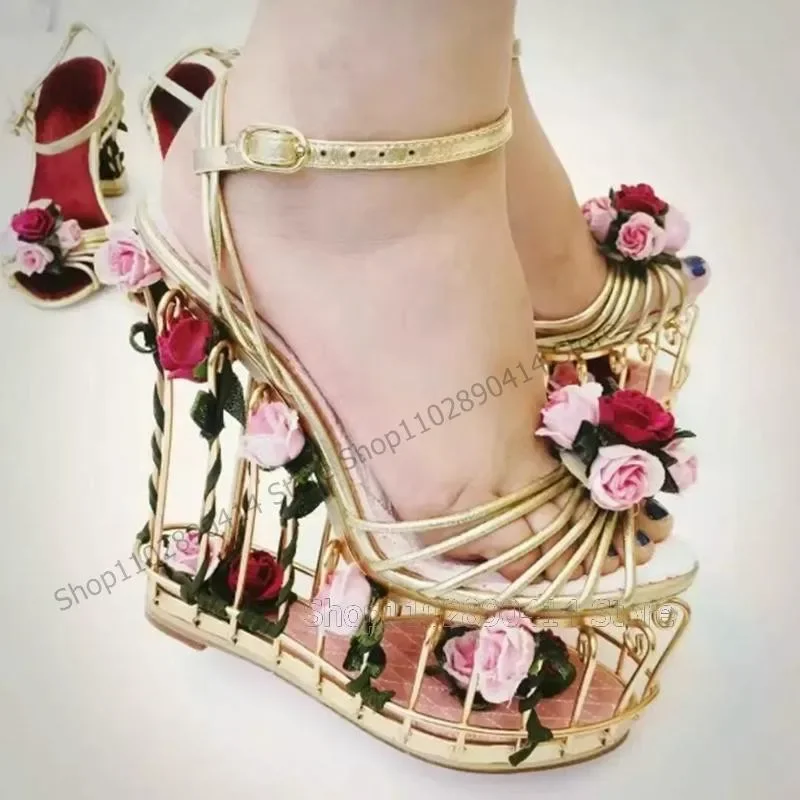 Sandalias de plataforma huecas con tacón de jaula de pájaros dorados con decoración de flores, Zapatos de Mujer con correa y hebilla en el tobillo, Zapatos de moda Para banquete 2025