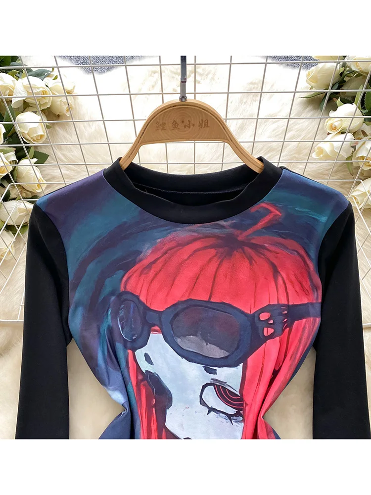 Women's Retro Blouse European Style Leisure Time Printed Round Neck Long Sleeved Top Versatile Base Shirt Inner T-shirt BL052