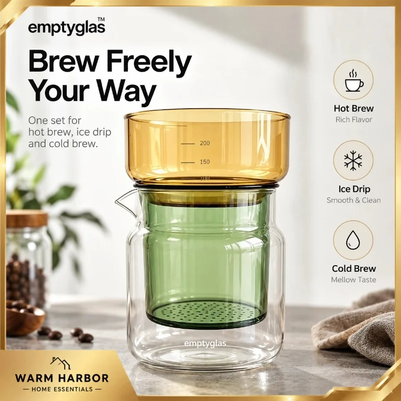 Emptyglas Pour Over Coffee Dripper Set Flat Bottom Filter Cup High Borosilicate Glass Server Carafe Manual Brewing Kit Home Use