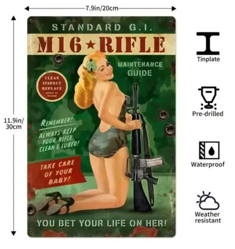 MILITARY METAL TIN SIGN SEXY PIN UP WITH M16 RIFLE STANDARD MAINTENANCE - ART sign sign