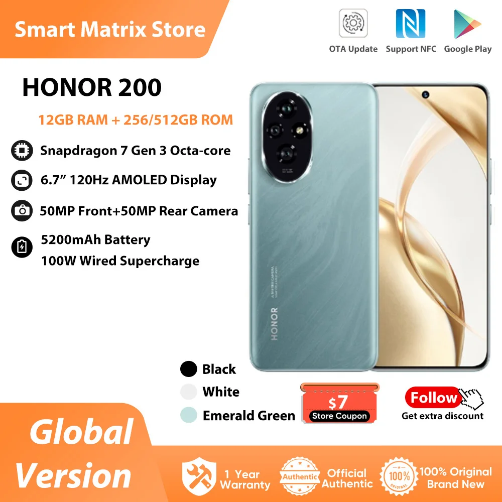 HONOR 200 글로벌 버전 5G 스마트폰 6.7인치 AMOLED 디스플레이 Snapdragon 7 Gen 3 지원 HONOR 100W SuperCharge