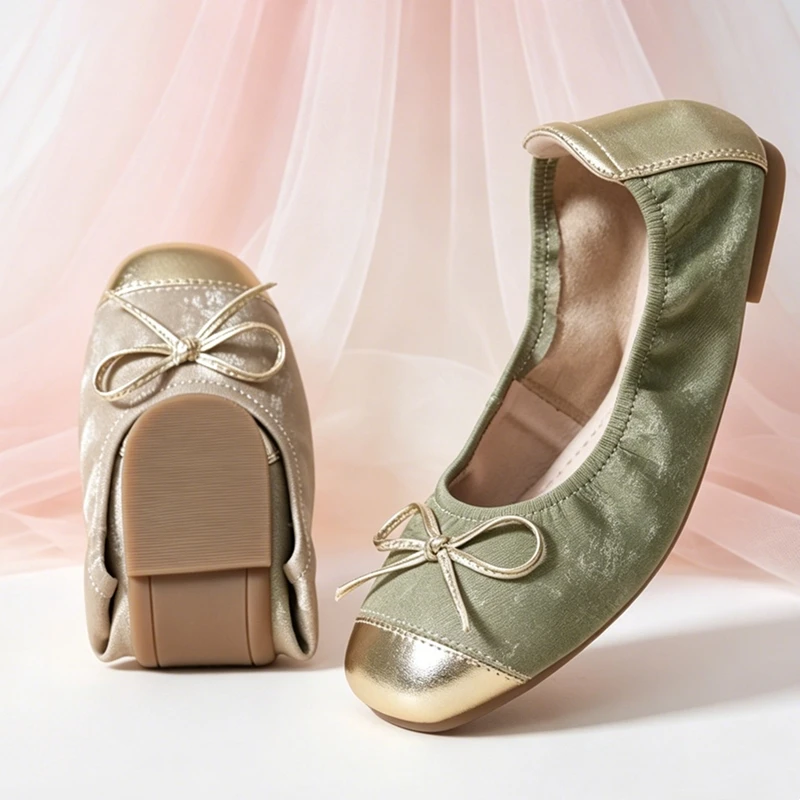 Women Foldable Ballet Flats Satin Gold Toe Bow Decor Comfortable Soft Sole Slip On Flat Shoes Portable Roll Up Ladies Footwear