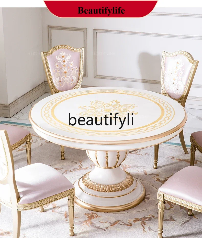 z183  Rococo small French cream wind 1.3M round dining table and chairs beech six people high-end