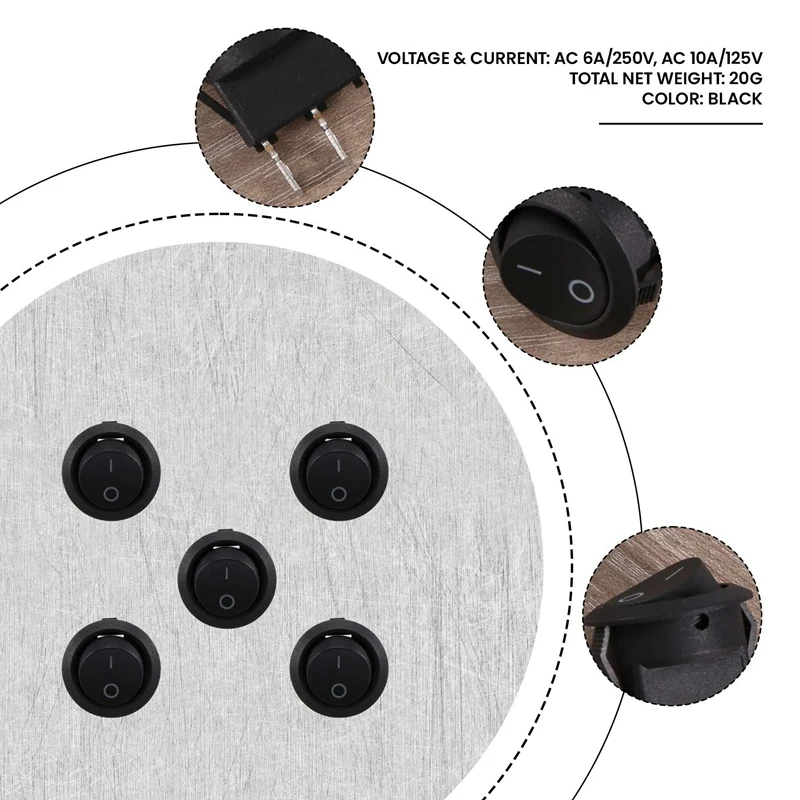 5Pcs SPST Black Button On/Off Round Rocker Switch AC 6A/250V 10A/125V