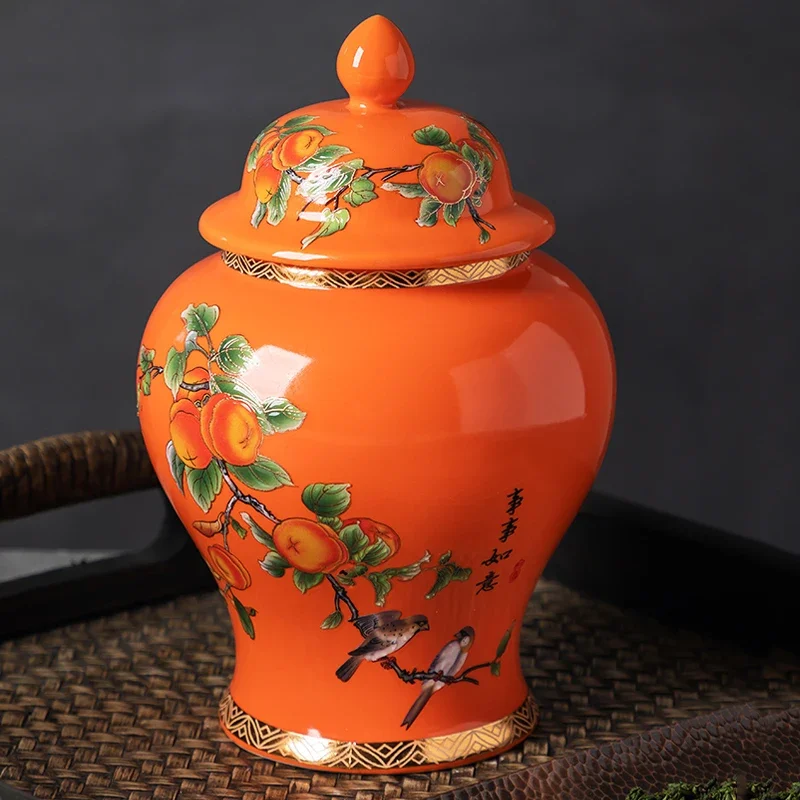 Persimmon Ceramic Tea Can with Lid Sealed Tea Can Storage Can for Household Empty Can General Decoration Creative Ginger Can