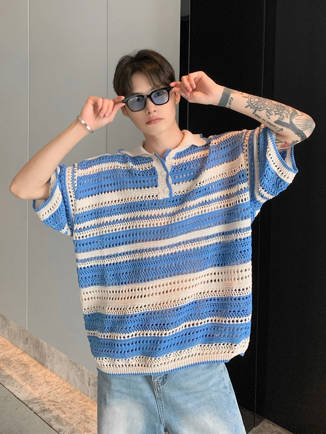 American retro striped contrasting knitted polo shirt loose summer new style casual short-sleeved lapel design men clothing top