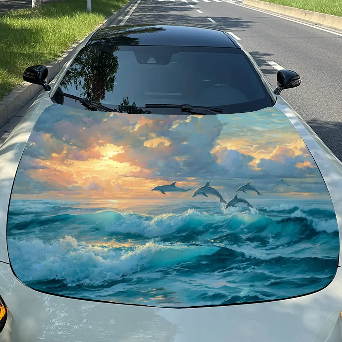 

Beautiful Dolphin Natural Landscape Car Hood Sticker Durable PVC Vinyl Wrap For Car Hoods Featuring Cool Pattern Design, Suitabl