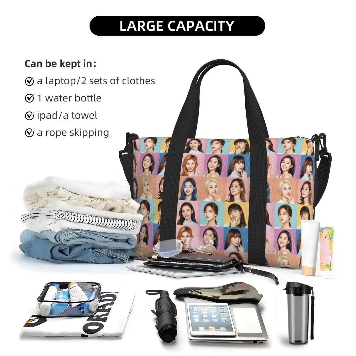 Custom Beauty Kpop Twices Tote Bag Women Large Capacity Lovely Beach Gym Shoulder Travel Bag