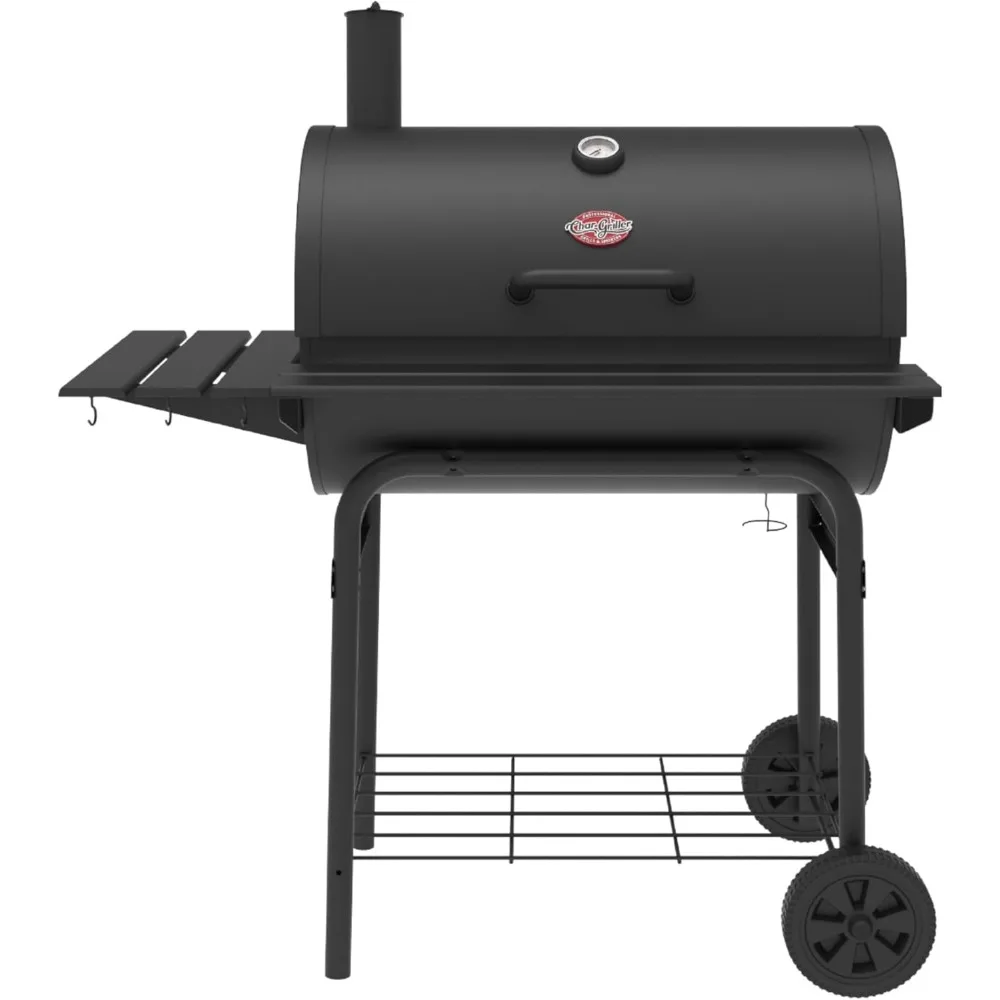 Charcoal Barrel Grill, Ash Pan, Premium Front and Side Shelves with Utensil Hooks, 850 Square Inches of Cooking Space in Black