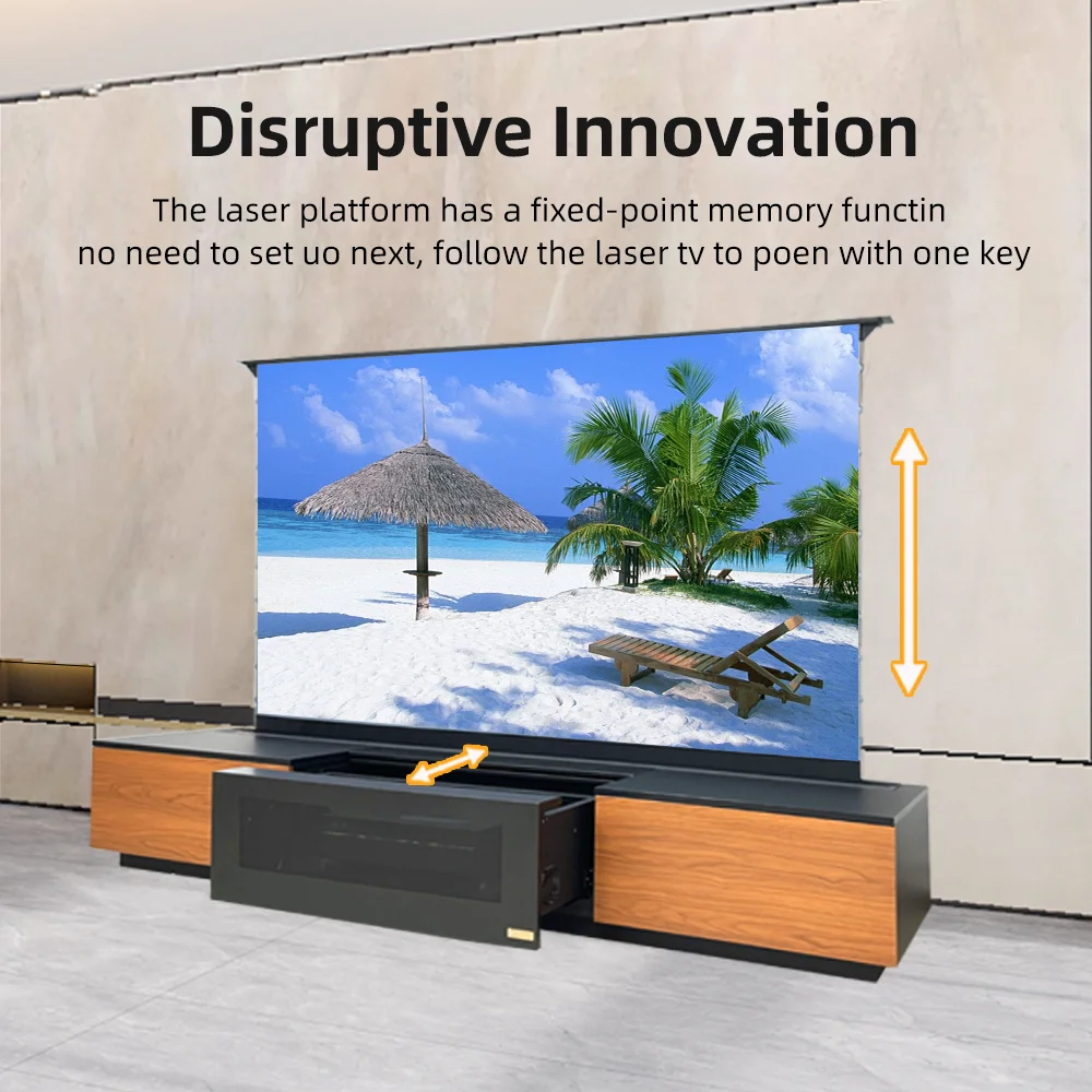 120 Inch Laser TV Cabinet +120 Inch Motorized Floor Rising Pet Crystal ALR Screen for UST 4K/8K Projectors AA