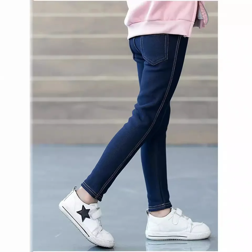 Children\'s Autumn Winter Plush Pants Slim Imitation Jeans Girls Thick Pants Korean Casual Pants Fashionable And Versatile Pants