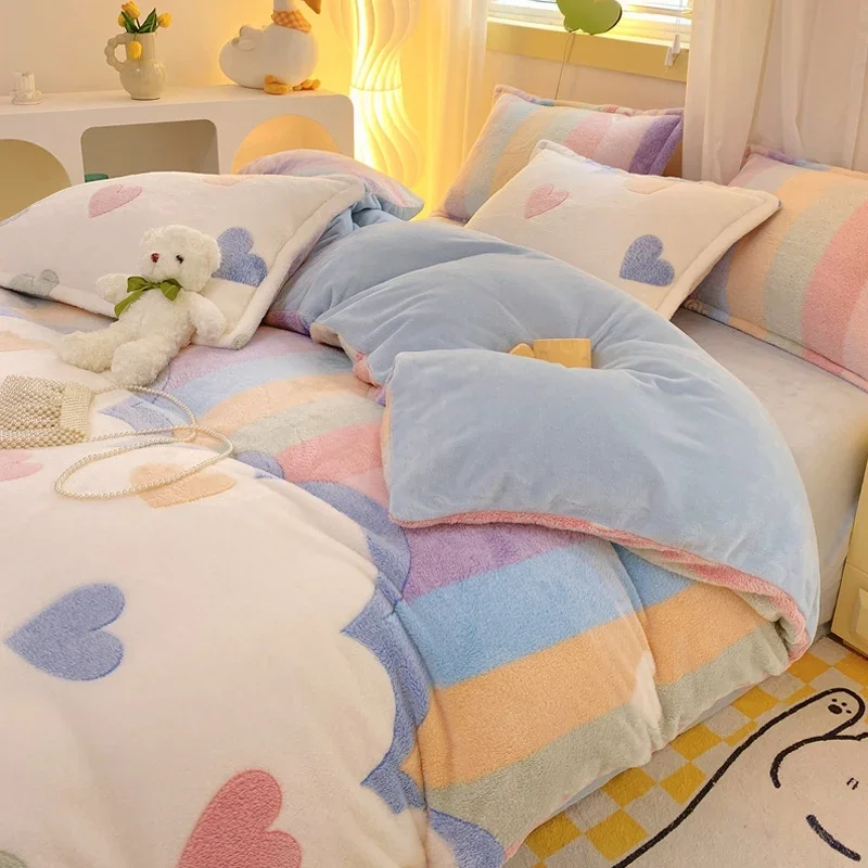 Winter Flannel Duvet Cover Rainbow Dual-color Soft Warm Quilt Cover Cozy Thick Comforter Cover for Adults Children Queen King