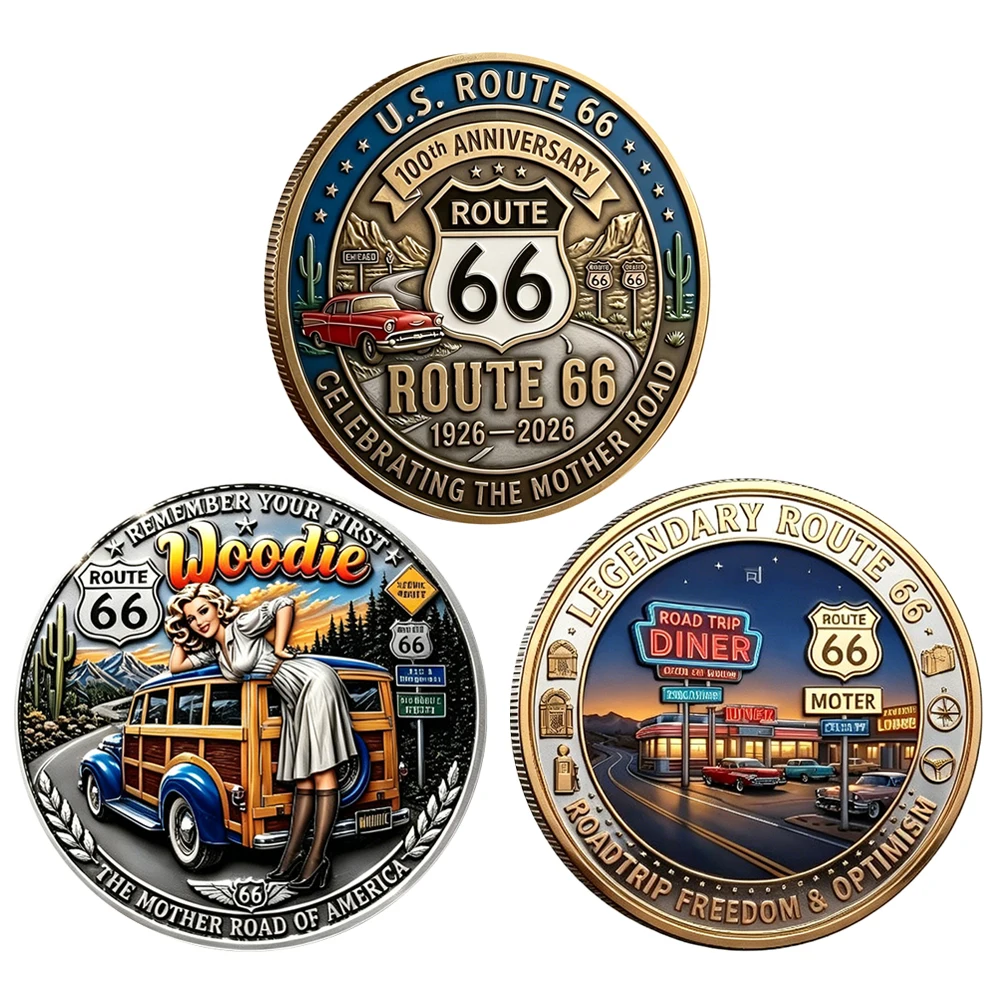 1pc Route 66 US Mother Road Commemorative Coin Retro Road Trip & Pin-Up Style Challenge Coin Souvenir Gifts for Collectors