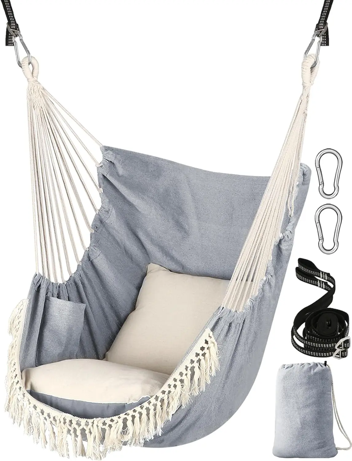 Hammock Chair with 2 Pillows, Strong Webbing Straps, Soft Cotton Swing Chair with Side Pocket and Tassel, Light Grey