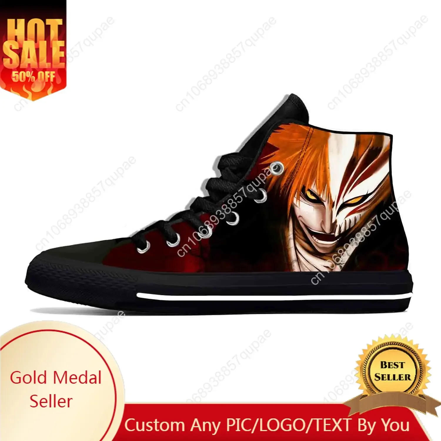 Anime Manga Cartoon Comic Bleach Kurosaki Ichigo Casual Cloth Shoes High Top Lightweight Breathable 3D Print Men Women Sneakers