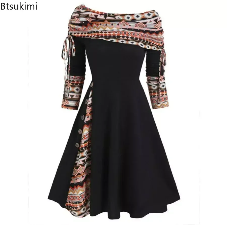 2024 Women\'s Casual Long Dress One Sholuder Punk Style Elegant Autumn Winter High Waist Gothic Maxi Work Dress Female Vestidos