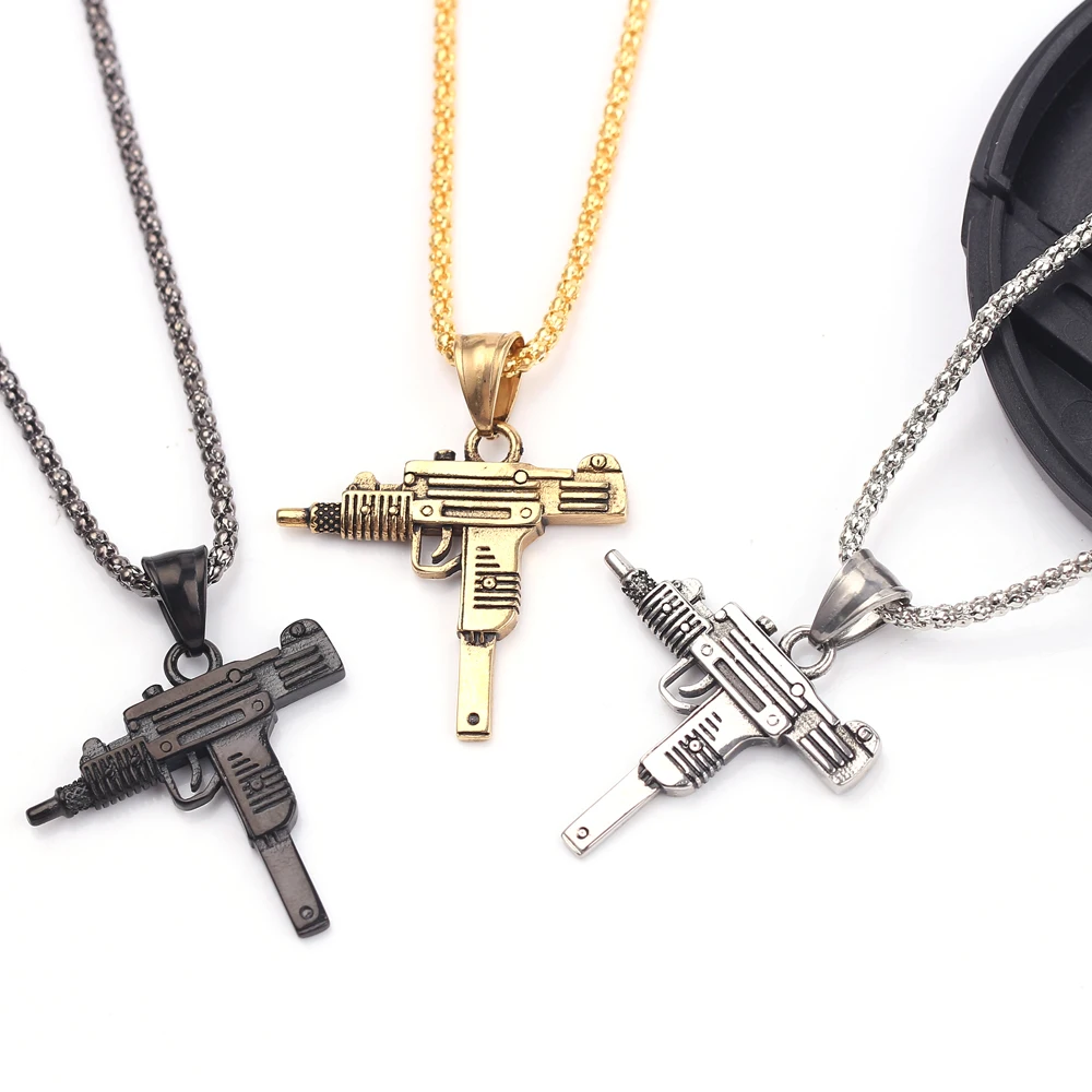 Personality Uzi Gun Shaped Pendant Necklace For Women Men Bar Party Accessory Gothic Male Punk Hip Hop Chain Jewelry
