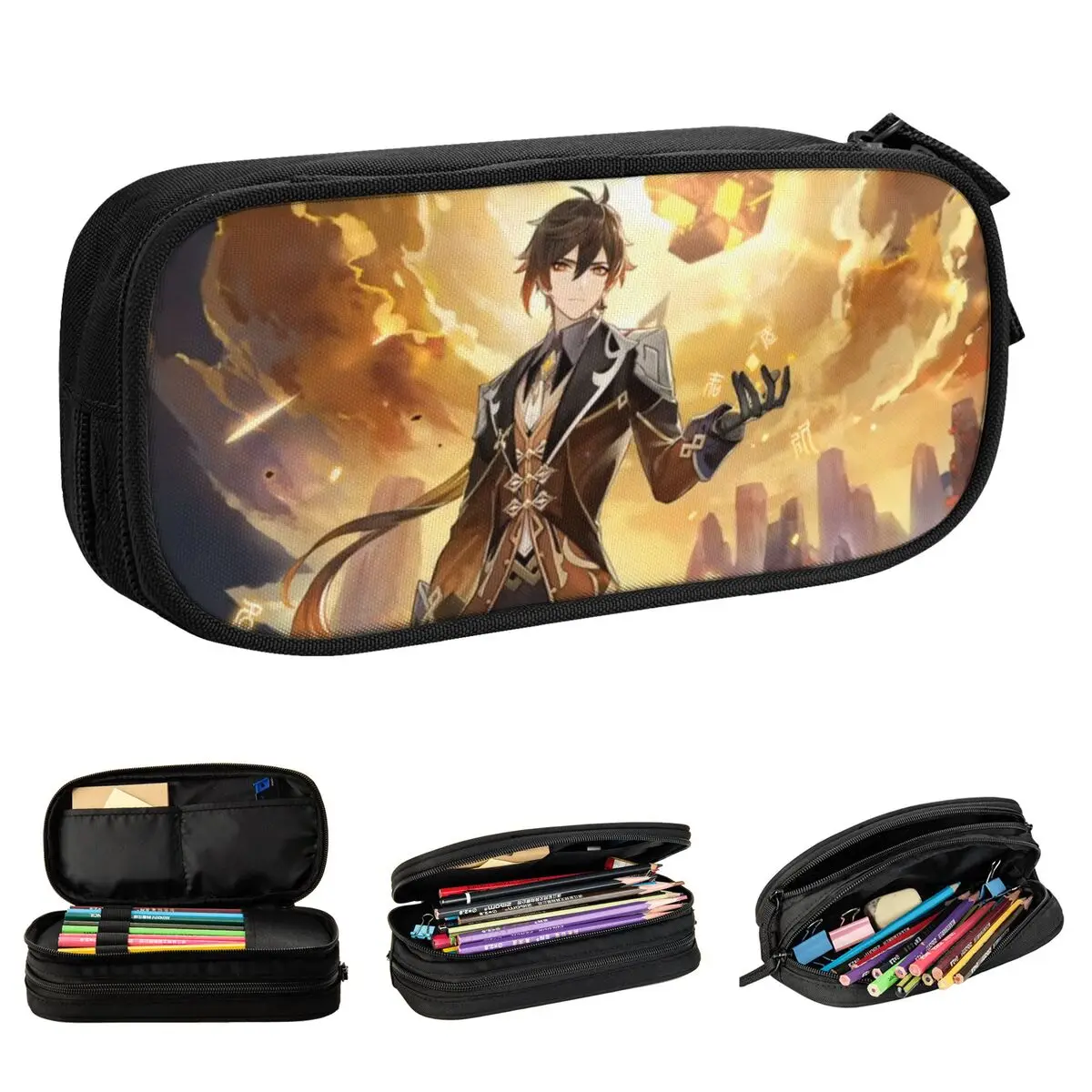 Zhongli Genshin Impact مقلمة أنيمي الخيال صندوق رصاص القلم الاطفال أكياس تخزين كبيرة اللوازم المدرسية الهدايا القرطاسية