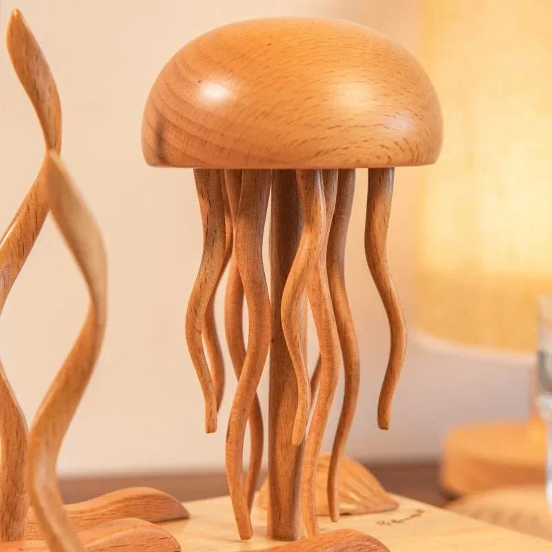 Jellyfish Wooden Mechanical Music Box Creative Wooden Crafts Friends Healing Gifts