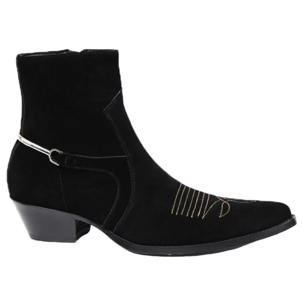 Fashion Suede Short Boots Men High Top Chelsea Boots Leather Casual Shoes Male Zipper 5cm High Heel Pointed Toe Boots Man