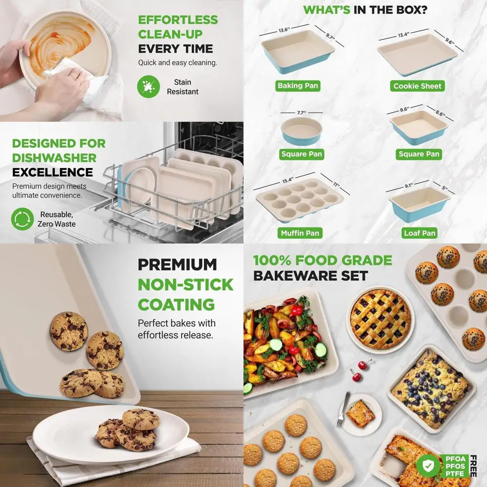 

Turquoise Ceramic Non-Stick 6-Piece Baking Set: Wide Pan, Cookie Sheet, Muffin, Cake & Loaf Pans