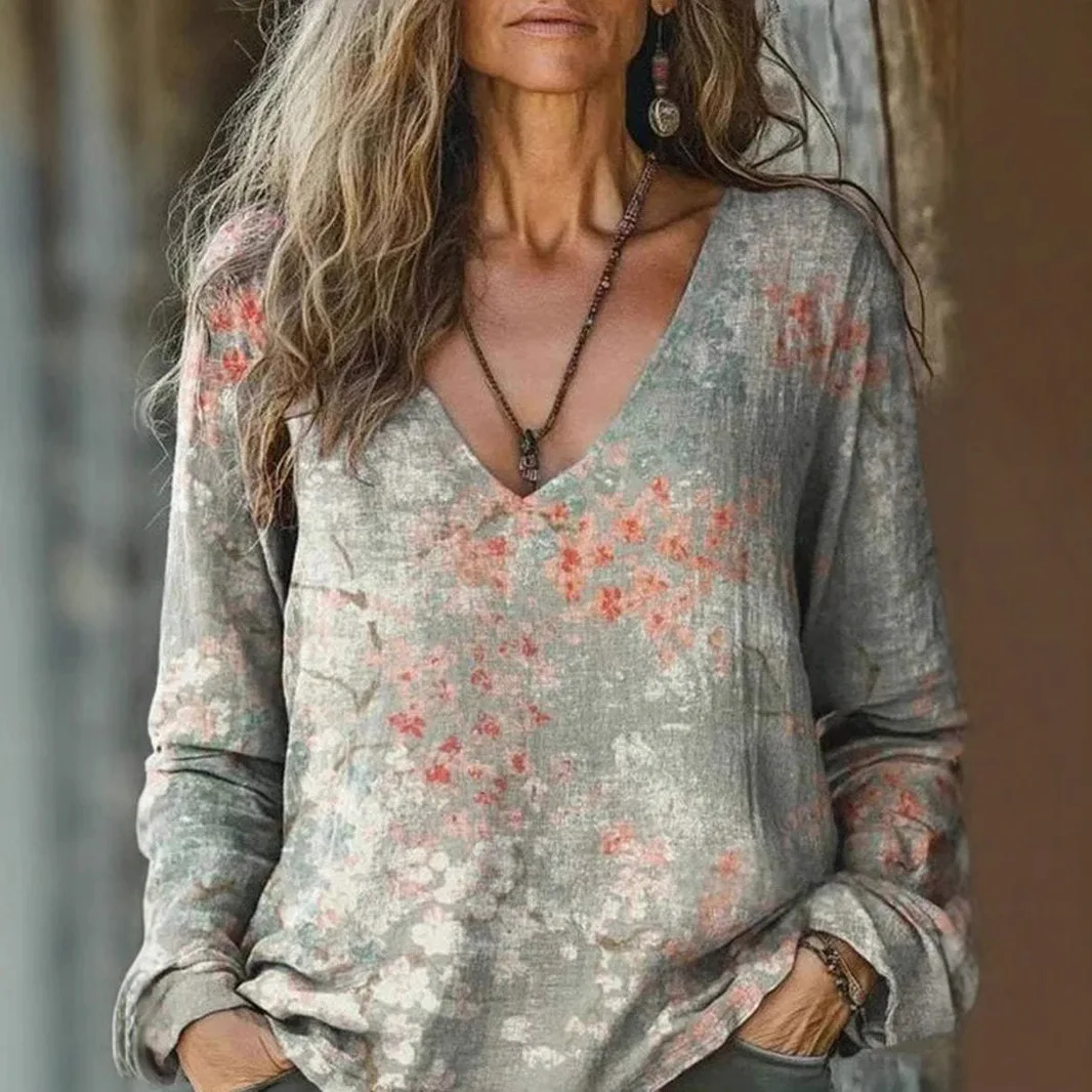 

New T-shirt women's casual V-neck long-sleeved digital printed women's top women's fashion simple and elegant temperament high-e