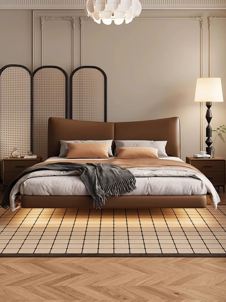 Suspended leather bed 1.8 Italian minimalist high PC and console game sleeping small apartment double suspended