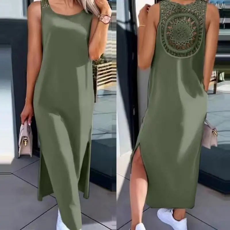 Sommer Neue Ärmellose Hohl Sexy Lose Kleid Frauen Mode Schlitz Feste Beiläufige Vestidos Rundhals Schlank Damen Kleider