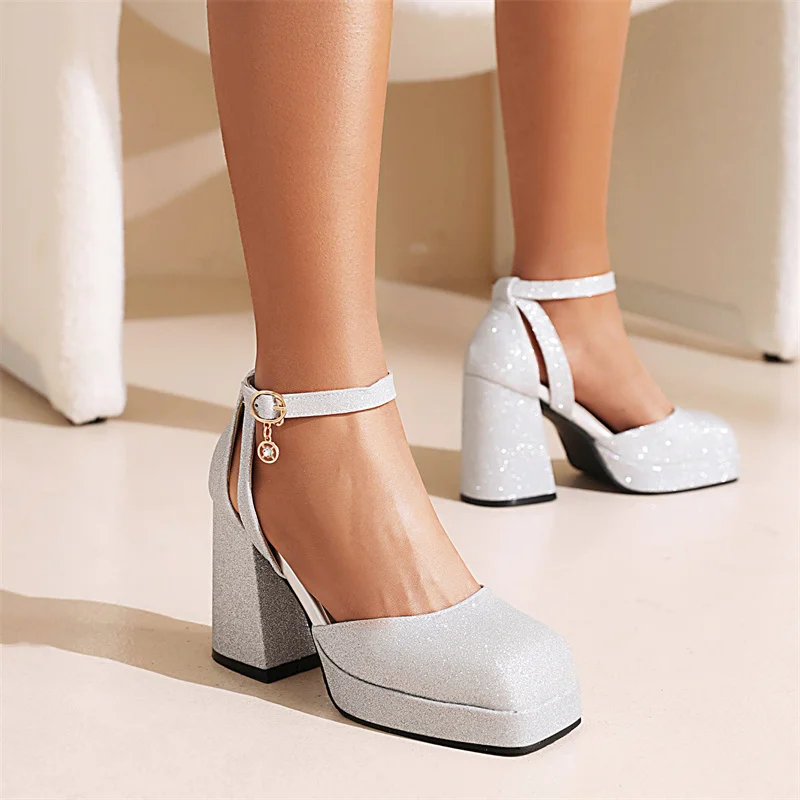 YMECHIC Pink Sliver Size 43 New Sexy Women's Sandals 9CM Pumps Satin Leather Thick High-heeled Platform Women Shoes Summer 2022