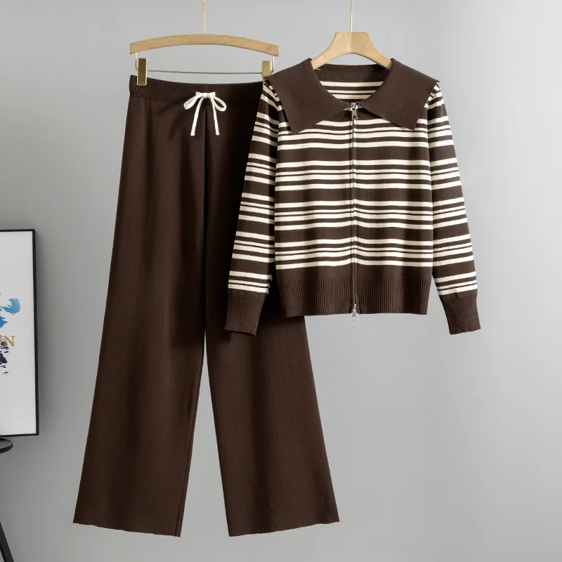 Striped Sweater Women Zipper Two Piece Set Muslim Knitted Pullover Wide Leg Pant Knit Casual Outfit Suits Ensemble Autumn Winter