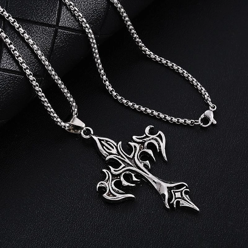 Modische Vintage Flammenkreuz-Anhänger Halskette für Damen und Herren, Lange Kette, Punk Goth Trendige Accessoires, Choker Gothic Schmuck – Detail 7