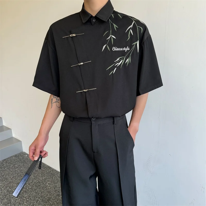 

New Chinese Sle Men's Summer Thin ort Sve irt Bamboo Design Slanted Button Plaet Stand Fit Youth Faion