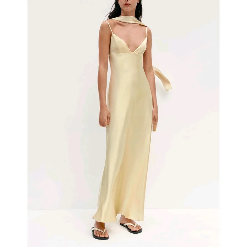 Ele Vita alta Raso di seta Lungo Dr Summer Faion Bal Design da donna con nodo Sciarpa sottile V-Ne Svel