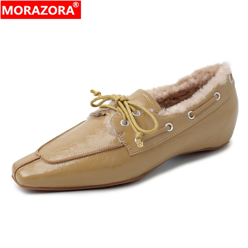 

MORAZORA 2026 New Genuine Leather Shoes Women Lace Up Wool Warm Winter Shoes Fashion Ladies Office Dress Shoes Loafers Female