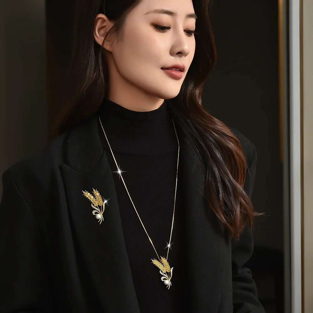 2025 Новая осенне-зимняя цепочка для свитера с золотыми пшеничными ушками, элегантное и благородное длинное ожерелье с длинными ушками, одна пара двух корсажей.