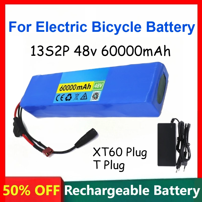 18650 Rechargeable Lithium-ion Battery + Fuse with Charger 13S2P 48V 60000mAh for Electric Bicycle Battery XT60 Plug T Plug