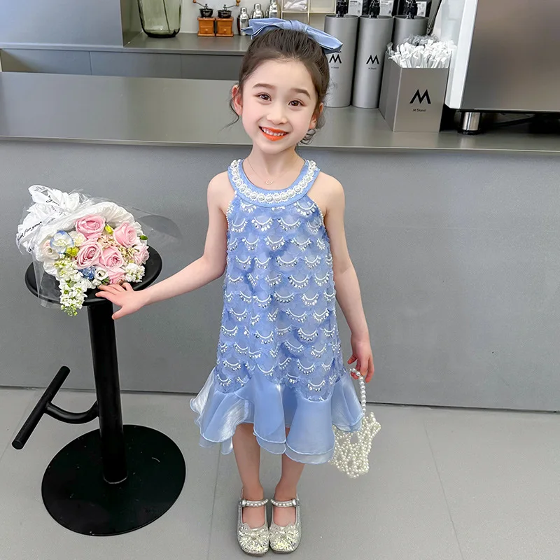 2024 Summer Mermaid Princess Summer Fashionable Children's Blue Sleeveless Tank Top Little Girl's Sequin Fish Tail Dress