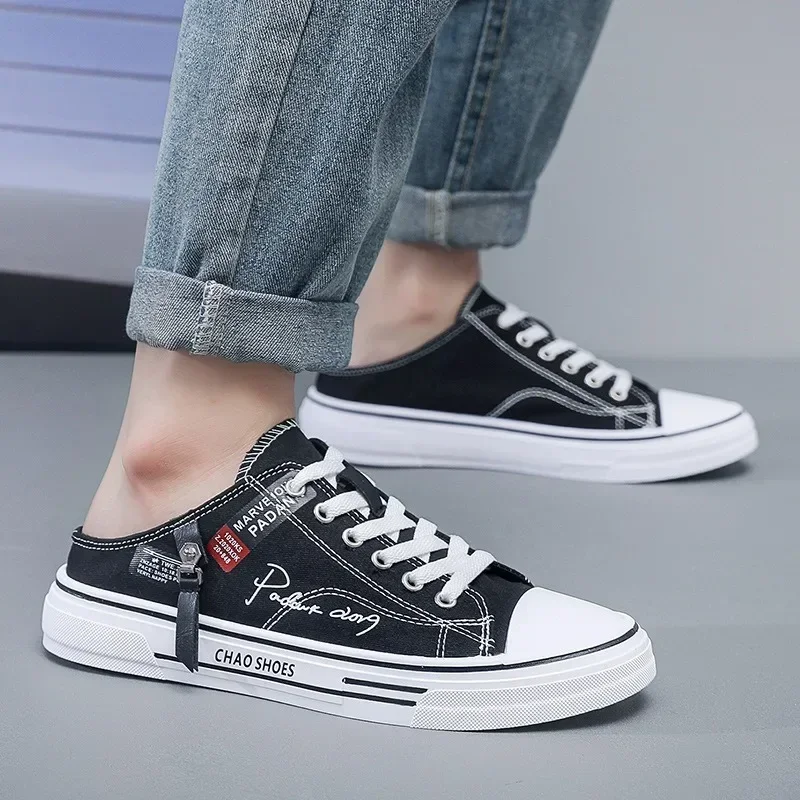 Men's Shoes Summer Shoes Trend Versatile Canvas Designer Men Half Slippers Black Walking Flats Casual Outdoor Backless Sneakers image 5