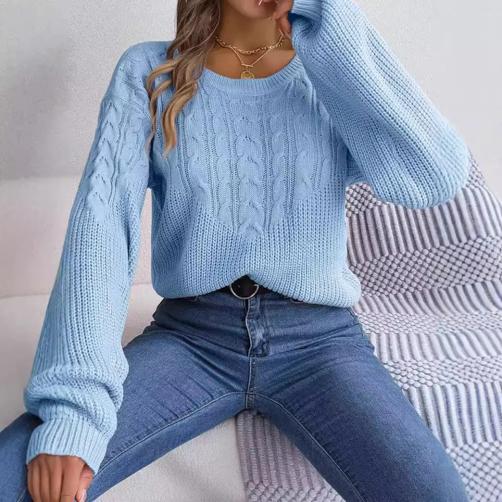 

Women's Casual Lantern Sleeve Pullover Sweater Autumn Winter Twist Stitching Design Real Shot Fashion Trend