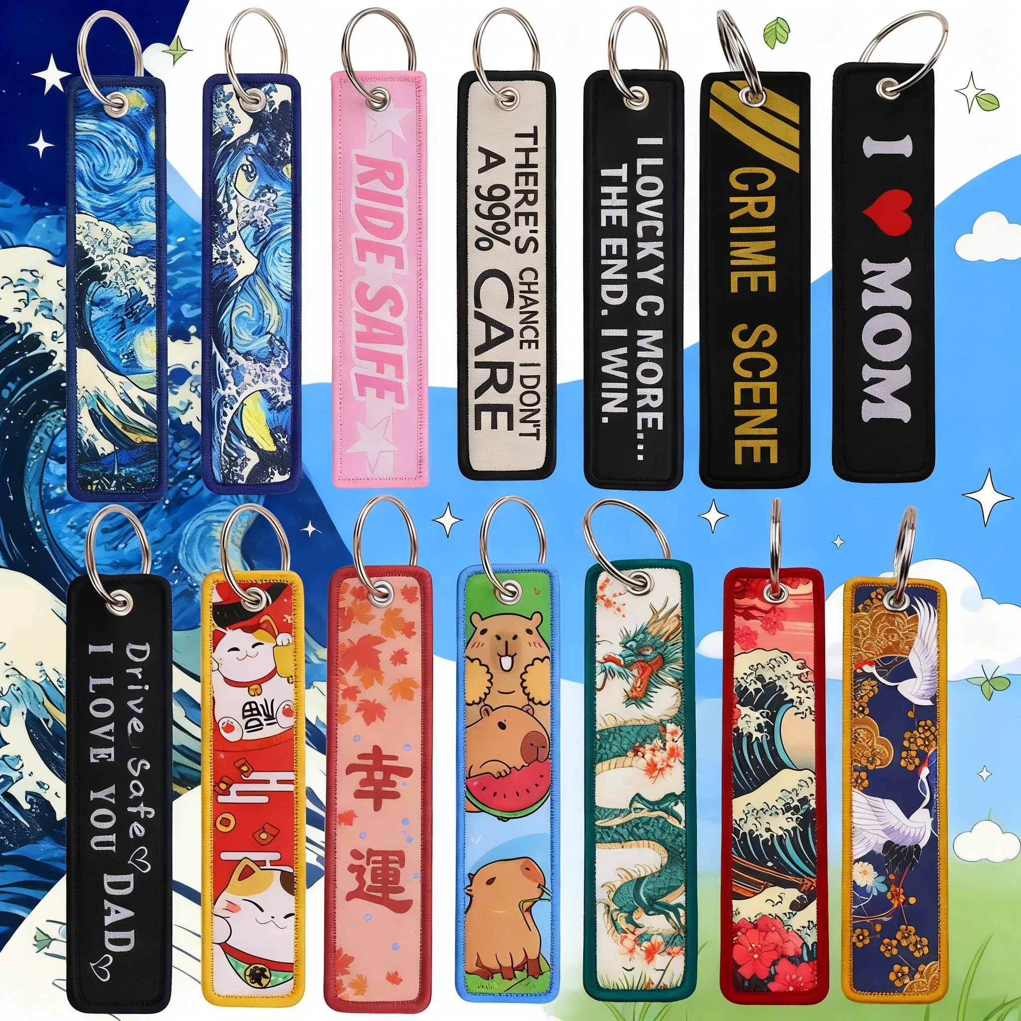 Van Gogh Embroidery Key Fobs Koi Fish Keychain For Women Keyring Motorcycle Car Backpack Charm Good Luck Gifts Handmade Unique