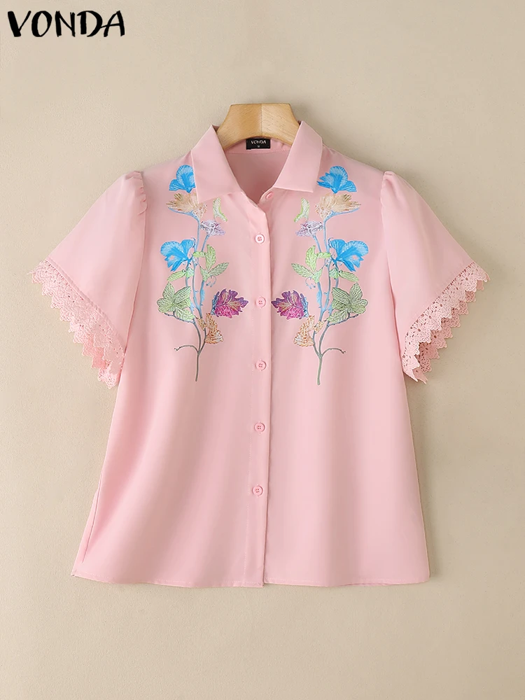 Lace Patchwork Women Shirt VONDA Fashion Floral Print Blouse Short Sleeve Summer Tops Tee Blusas Streetwear Female Tunic
