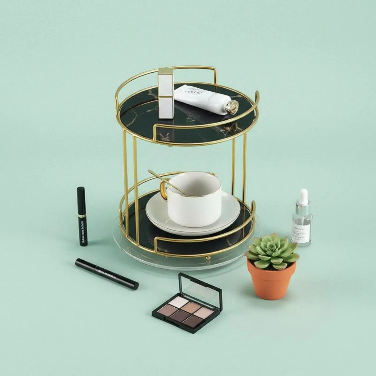 Gold Metal Desktop Shelf 2 Tier Marble Tray Makeup Storage Organizer for Cosmetics Vanity Display Rack