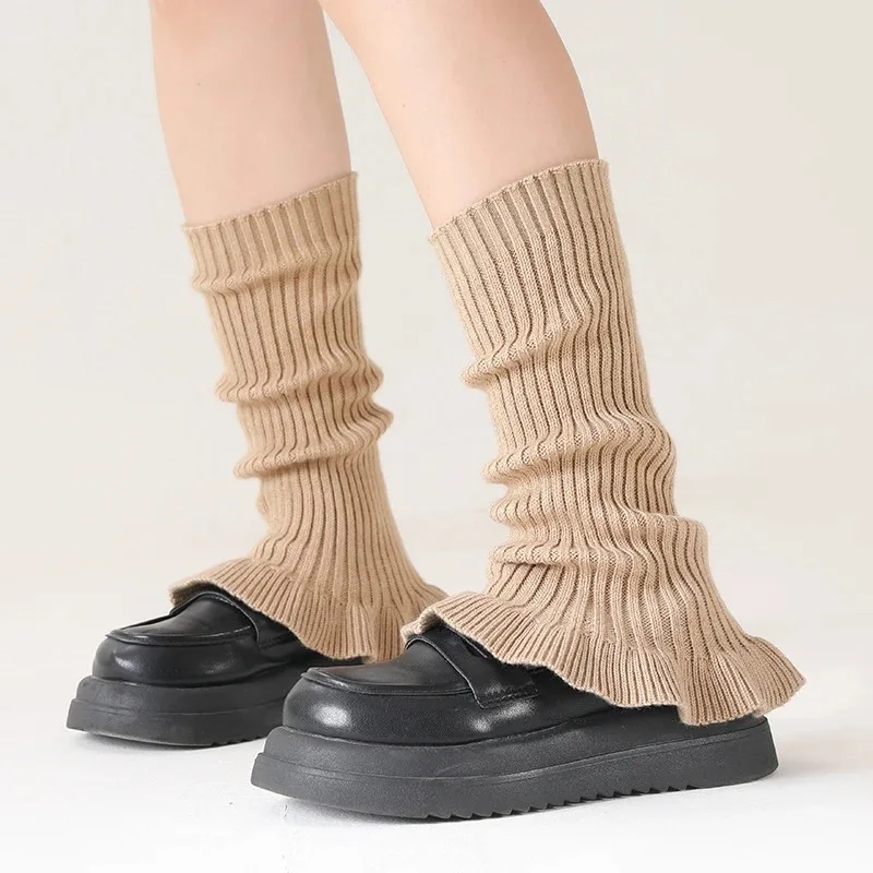 Women's Woolen Blend Solid Color Horn Knitted Stacked Warm Socks with Vertical Strip Mushroom Lace Leg Cover For  Autumn Winter