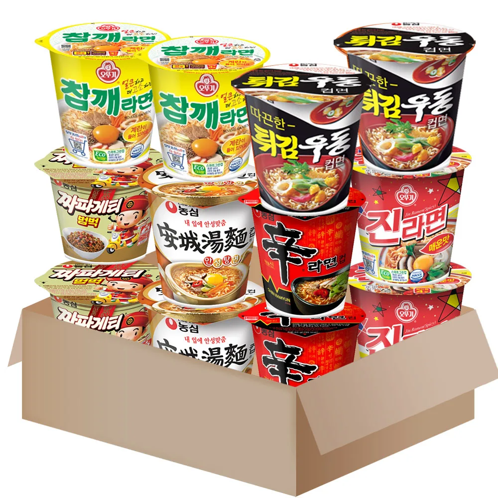 [AL013] Set de Variedades de Mini Cup Noodle, Paquete de 12 (Shin Ramyun x2, Jjapaghetti x2, Tempura-Udon x2, Jin Ramyun Picante x2, Ramyun con Sésamo x2, Samyang Ramyun x2) Versión Optimizada para Exhibición (Recomendado)