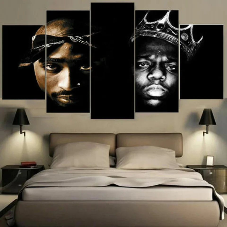 No Framed Canvas 5 Panel Star Tupac and Biggie Potrait Modular HD Decorative Wall Art Posters Pictures Home Decor Paintings